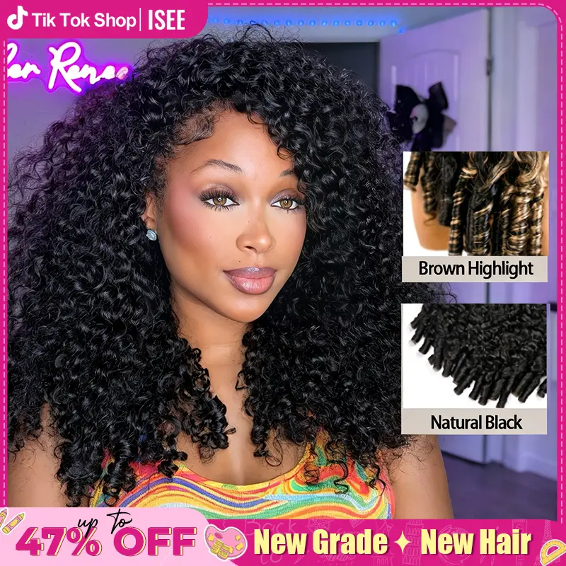 ISEE HAIR Burmese Curly Natural Black & Blonde Highlight Human Hair Half Wig with Drawstraing InvisiFit Strap Glueless Wig for Beginners summer hairstyles #TikTokShopBackToSchool #SohoChic