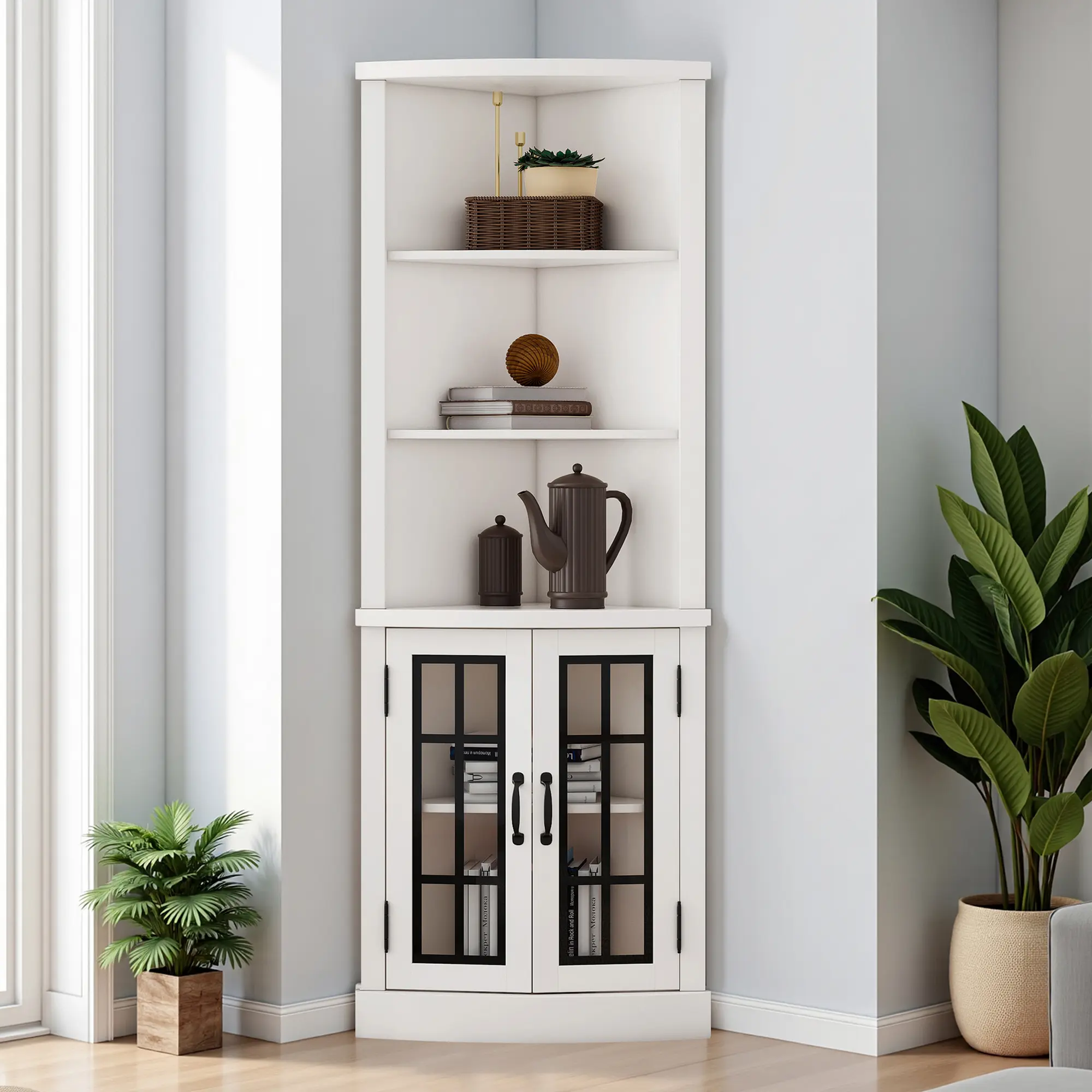 ALBOTT Curved Corner Storage Cabinet, 65" Tall Freestanding Bookcase with Glass Doors & Adjustable Shelves, 5-Tier Corner Display Cabinet[tiktokshopbacktoschool][SohoChic]