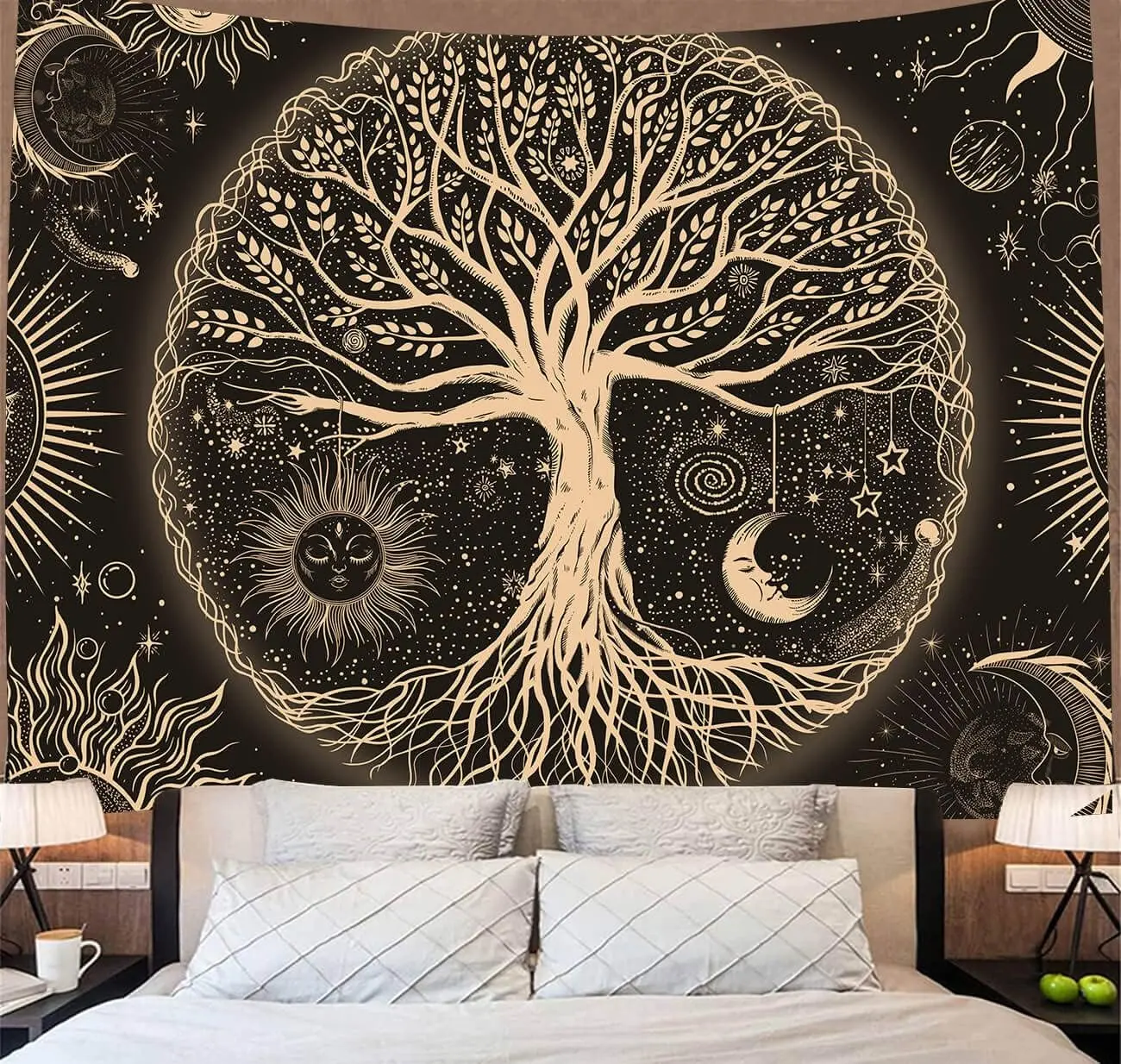 Tree of Life Tapestry Wall Art with Sun Moon Stars Galaxy Print Black Gold Aesthetic Nature Decor for Living Room Bedroom Dorm Apartment Home Wall Hanging,accessory