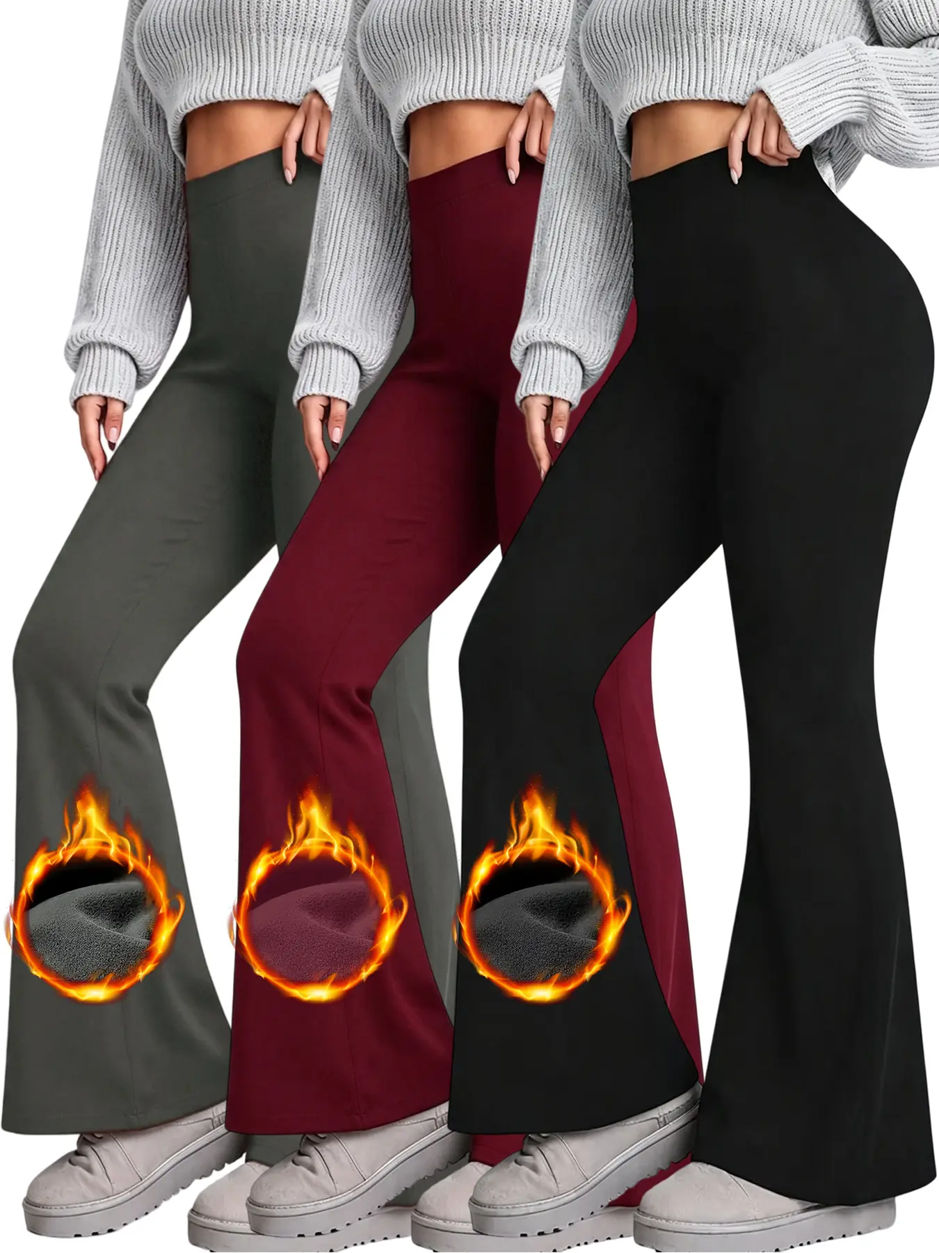 3 Pack Thick Thermal Brushed High-Waist Flared Leggings, Tummy Control & Butt Sculpting, Cozy Ultra-Soft Fleece Lined Winter Pants, Black Gray Red