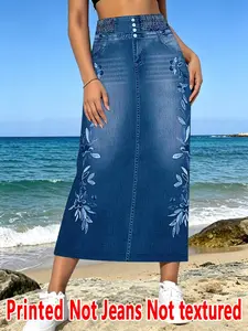 Women's Denim Print Long Skirt, High-Waisted Loose-Fit Casual Skirt, All-Over Print, Natural Waist, Spring & Summer Fashion