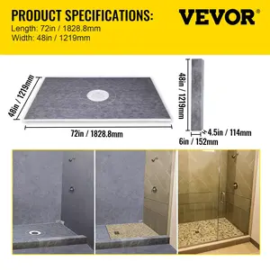 VEVOR Shower Curb Kit, TikTokShopBlackFriday, 48\"x72\" Watertight Shower Curb Overlay with 4\" PVC Central Bonding Flange, 4\" Stainless Steel Grate, 2 Cuttable Shower Curb and Trowel, Shower Pan Slope Sticks Fit for Bathr