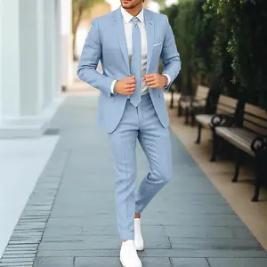 Linen  Plus Size Notched Lapel  Two-Piece Single Breasted One Button   Solid Color Business  Set suit Men's