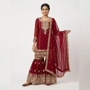 Indian Top One Quality Sharara with Intricate Embroidery and Rich Maroon Color for Festive Occasions