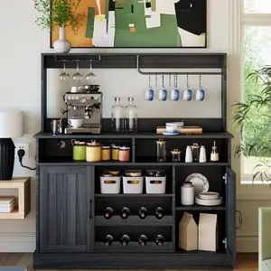 Garvee 47" Farmhouse Coffee Bar Cabinet with 5 Hooks, Buffet Cabinet Featuring Power Outlets, Goblet Holder, Wine Rack, and Hutch Storage for Kitchen & Living Room in Dark Grey