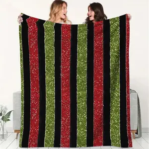 Festive Striped Blanket, Sparkly Glittery Flannel Throw Blanket, Vibrant Black Red Green Design, Perfect for Home Decor, Cozy Camping Trips, Office Warmth, Great Gift for Holidays and Special Occasions
