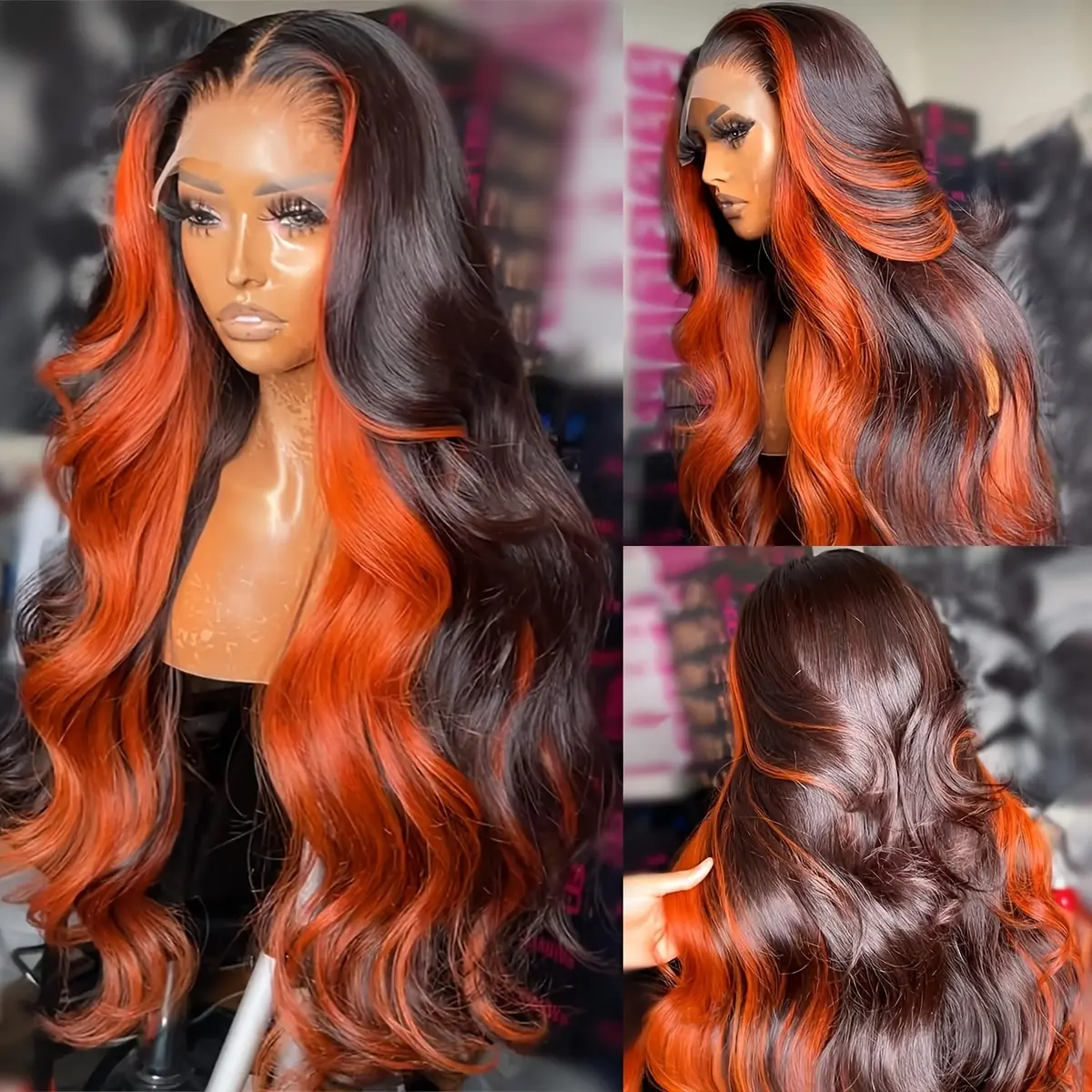 Women's 28-Inch Silky Straight Synthetic Lace Front Wig, Black with Orange Highlights, Glueless Pre-Plucked Natural Looking Wig, Pre Plucked Wigs