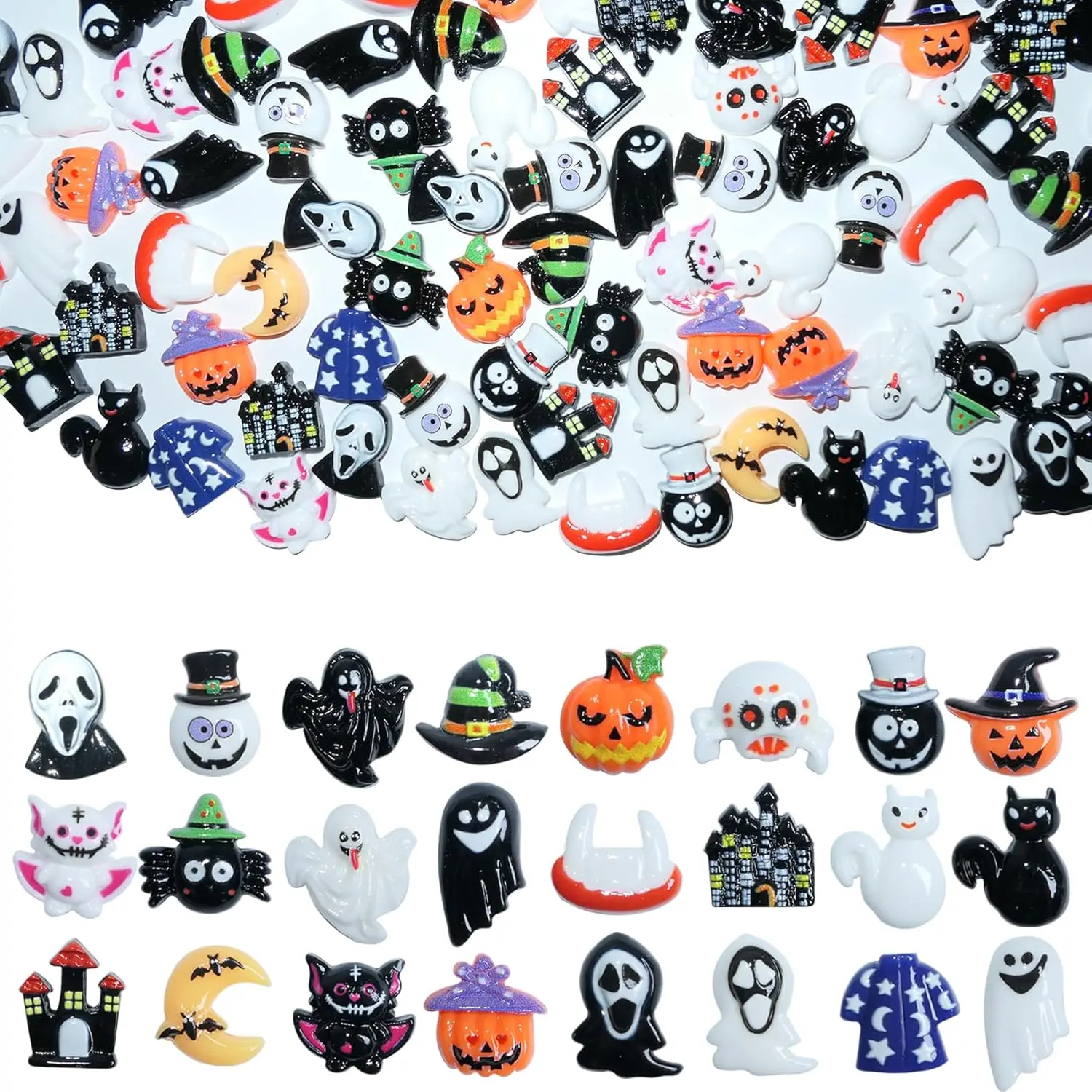 Halloween Resin Charms for Crafts,100 Pcs Flatback Slime Charm Beads Miniature Ornaments for Halloween Embellishments Scrapbook and Mini Decorations