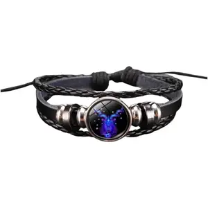 12 Zodiac Energy Bracelet, Adjustable 12 Zodiac Bracelet, Multi-layer Black Leather Wrap Bracelet, Christmas and Birthday Jewelry Gift, Suitable for Men and Women, Holiday Gift, Gift for Couples