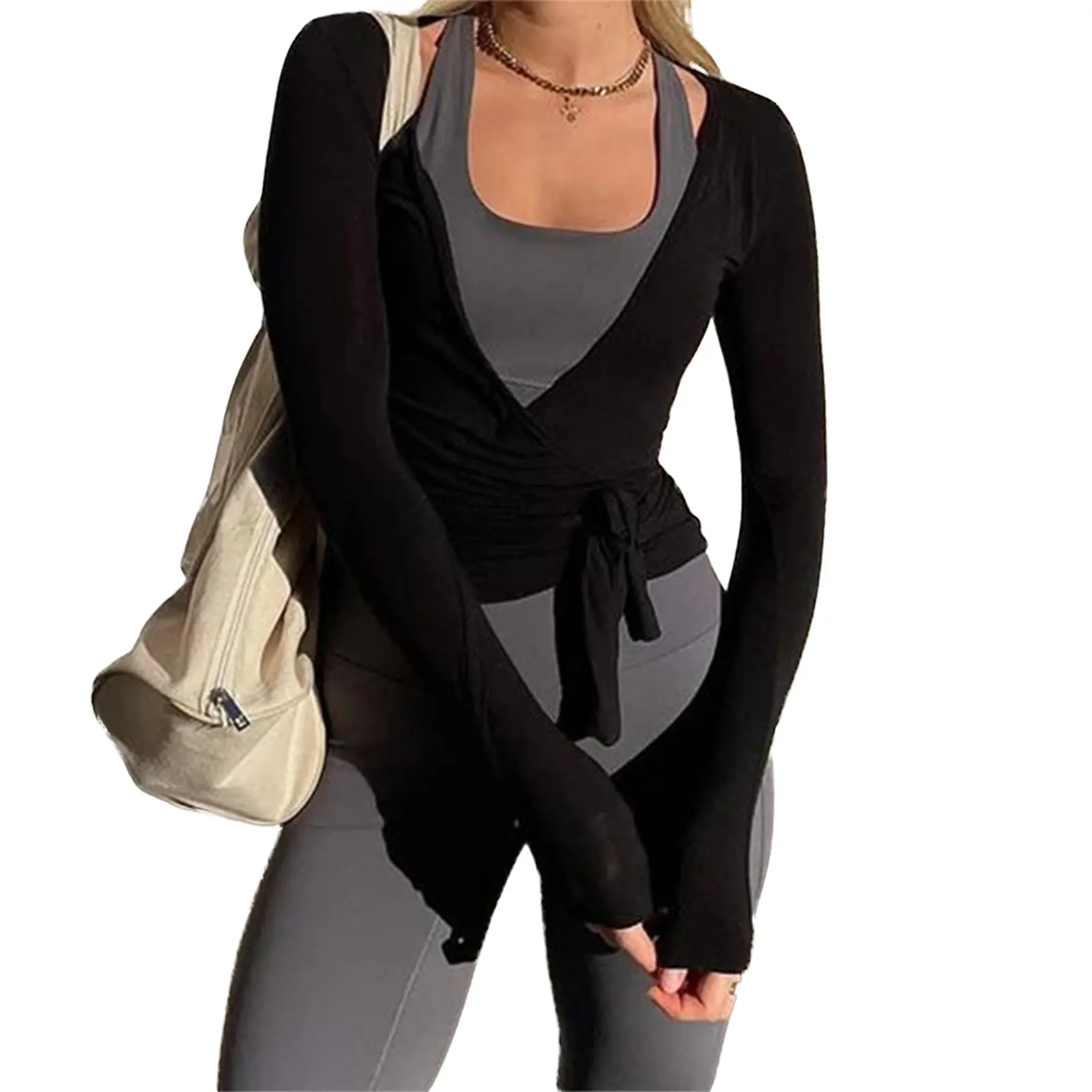 Womens Wrap Top Ballet Cover Up Cross Tie Long Sleeve Deep V Neck Blouse Shirt Fitted Yoga Workout Wrap Top Pilates