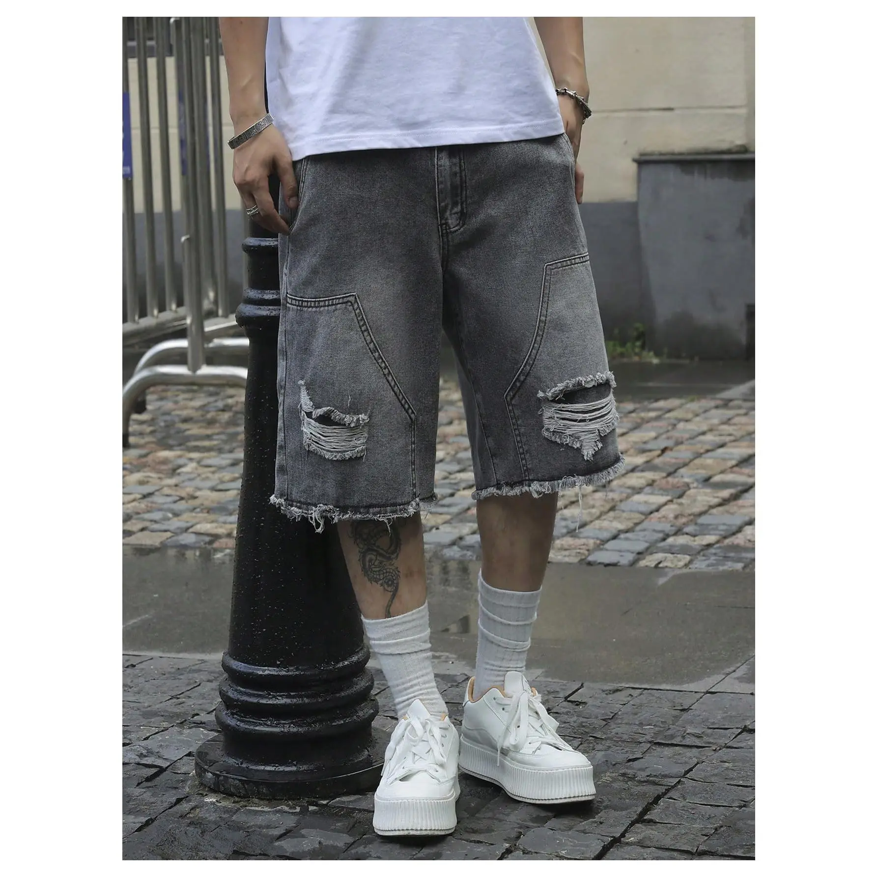 Baggy Jean Shorts Y2k Ripped Jorts Frayed Raw Hem Denim Bermuda Shorts