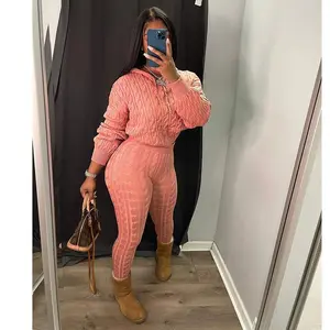 2pcs Women Solid Color Long Sleeve Zip Front Hooded Cardigan And Knitted Pants Set, Autumn/Winter Tops Fit