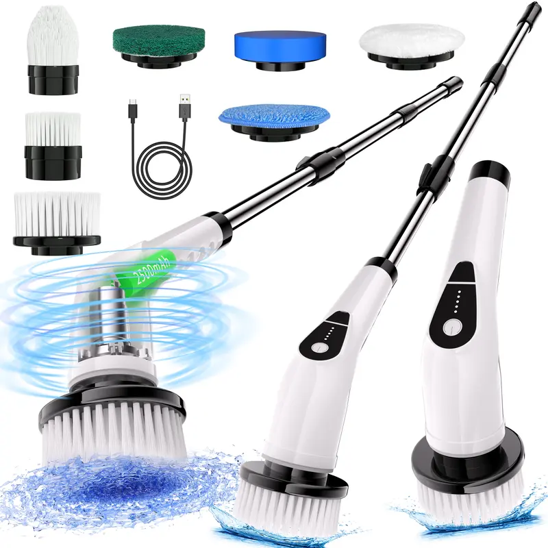 Electric Spin Scrubber Cordless IPX7 Waterproof 7 Heads, Dual Speed, Powerful Rechargeable Cleaning Tool with Detachable Telescopic Handle, Battery Level Display for Bathroom, Kitchen & Living Room