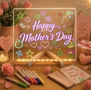 Illuminated Reusable Acrylic Message Board – 13"x10" LED Dry Erase Board for office Presentation supplies with 7 Neon Colors & 4 Modes, Includes Markers, Adapter, Spray Bottle, Cloth & Chain – Mother's Day Gift