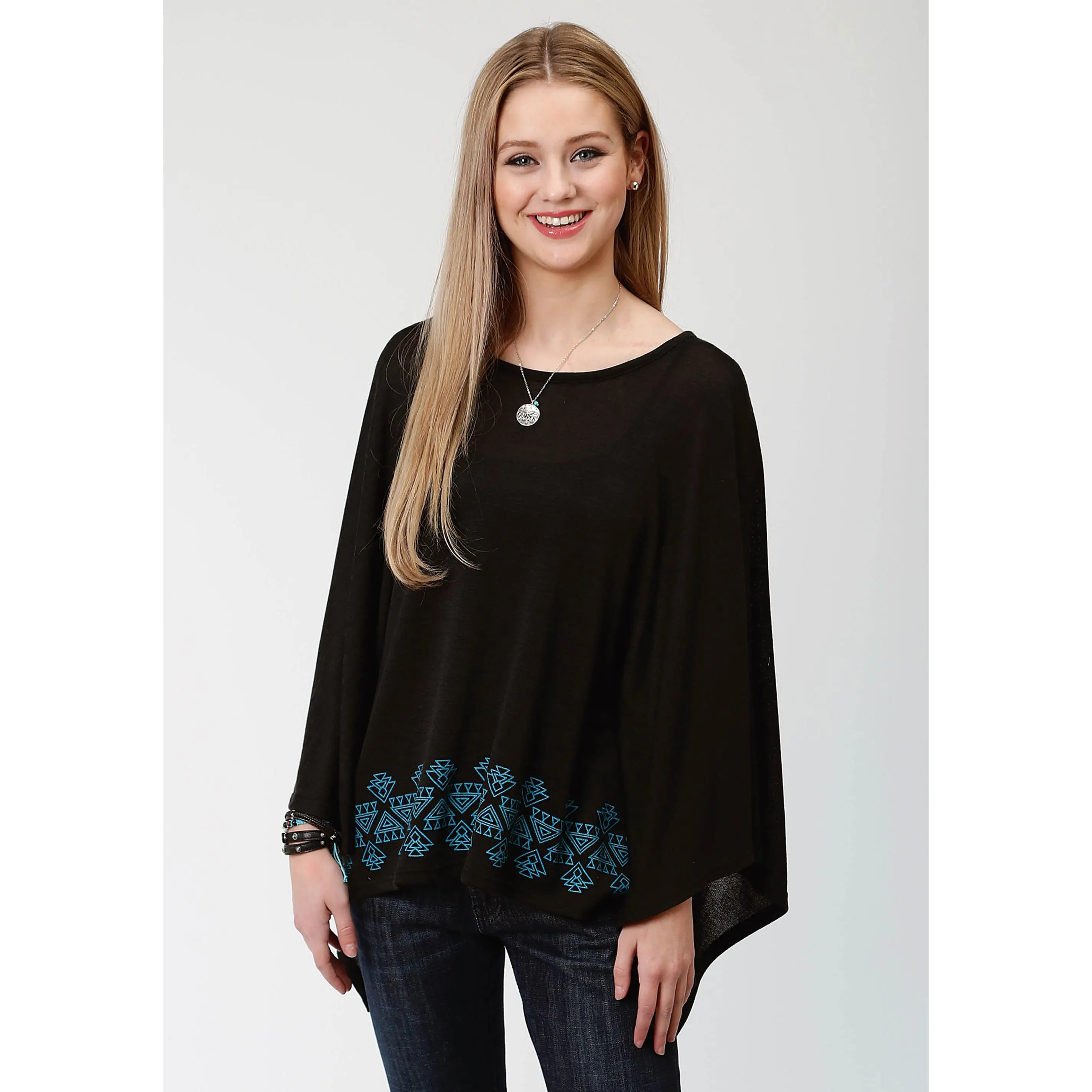 Womens Black And Turquoise Sweater Knit Poncho