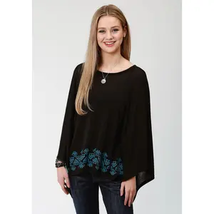 Womens Black And Turquoise Sweater Knit Poncho