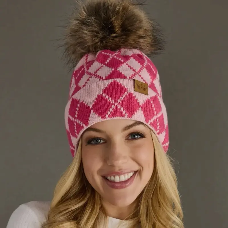 Pink and blush Argyle Pom Beanie