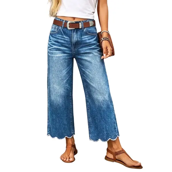 Flamingals Scallop Hem Raw Hem Mid Waist Wide Leg Crop Jeans Without Belt Womenswear Stretchy 24.8" Inseam