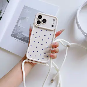 Convenient Adjustable Lanyard Phone Case with Crossbody Strap, Antique Blue Heart Tpu Shockproof Cover for iPhone 6-17 Pro Max, Great Gift for Girlfriends and Teens