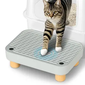 Litter Box Step, Litter Box Ramp/Catcher with Wooden Base, Anti-Tracking & Easy to Clean, Ideal for Small & Elderly Cats (Grey)