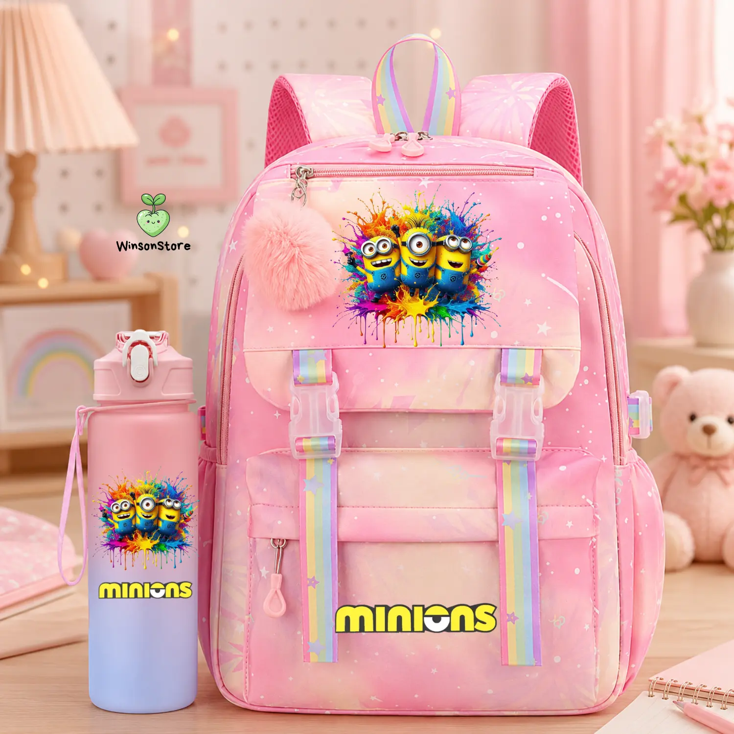 Minions 2-Piece Backpack Set for Kids – Purple Rainbow School Bag with Matching Water Bottle, Cartoon Bookbag for Elementary School