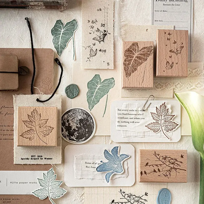 Beech Wood Vintage Pattern Stamps, Retro Rubber Stamps for Bullet Journal DIY, Daily Scrapbooking Planner Decorative Marking Supplies