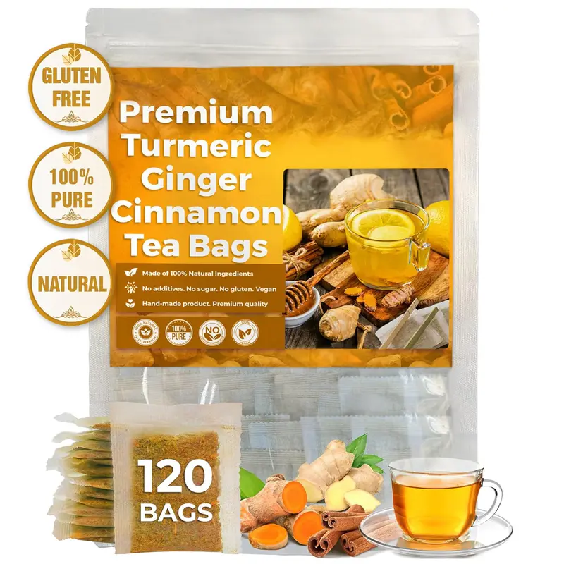 Ginger Tea,Turmeric Tea,Herbal Detox Tea,100% natural,Caffeine-Free Sugar-Free Vegan Tea Bags for Daily Wellness (120 Bags)