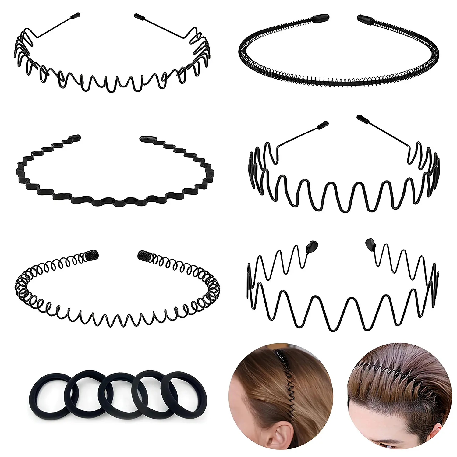 6PCS Metal Wave Headbands Set for Women and Men, Non-Slip Fashion Wavy Hair Bands, Flexible Black Zigzag Hair Hoop for Sports, Makeup, Daily Wear, Hair Accessories