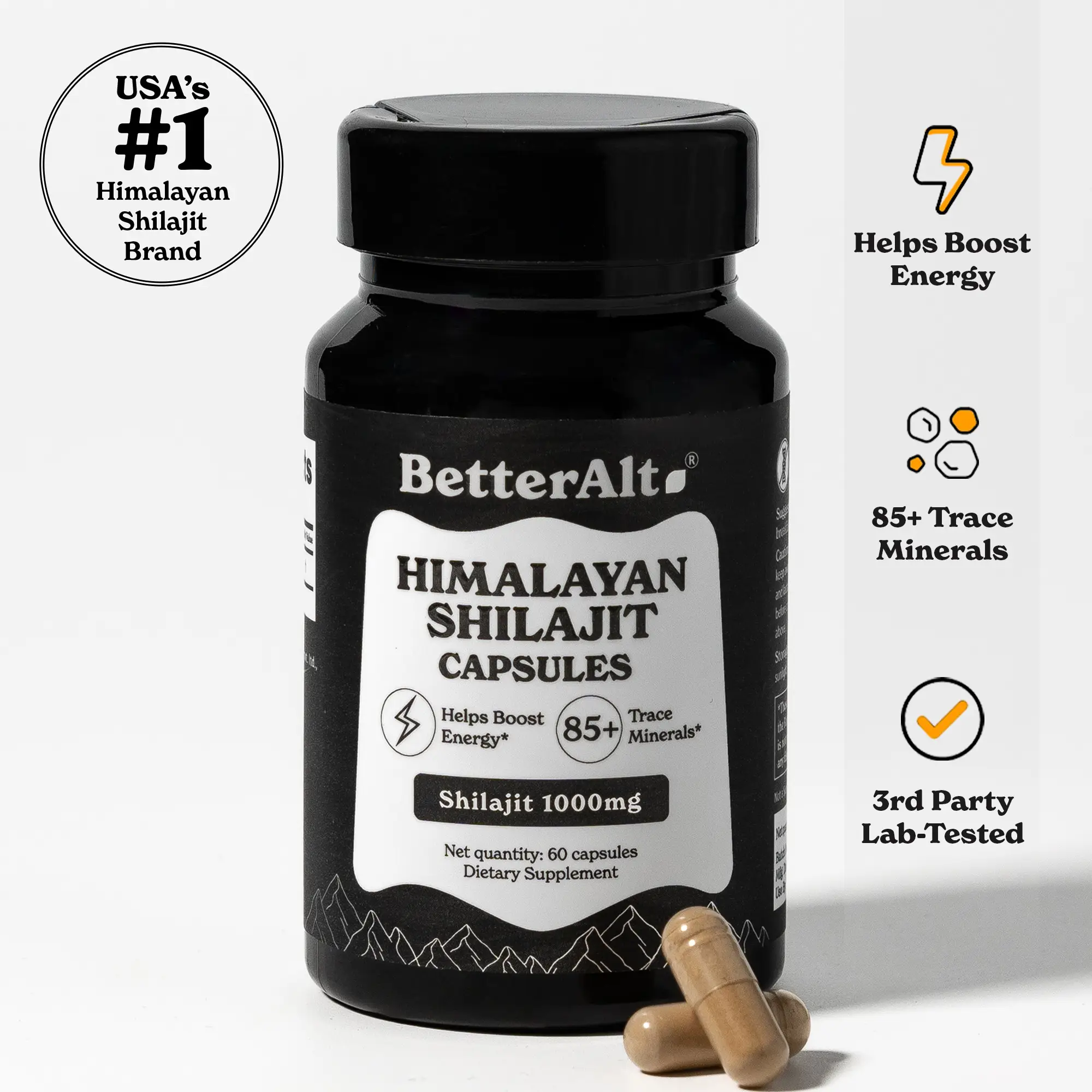 BetterAlt 1000mg Shilajit Capsules | Pure Himalayan Superfood | Lab-Tested for Purity | Dietary Supplement for Energy, Stamina & Fitness | 60N