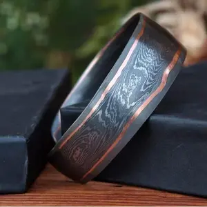 Handmade Damascus Steel Bangle with Copper Inlay | Artisan Cuff Bracelet | Unique Gift