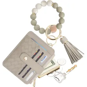 Silicone bracelet wristlet wallet credit card holder RFID,ID window, key ring tassel, slim wallet women keychain purse