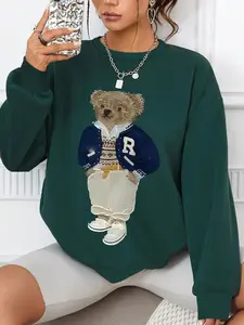 Women's Cartoon Bear Print Fleece Pullover Sweatshirts, Loose Round Neck Design, Fashionable Drop Shoulder, Casual Fall & Winter Wear Womenswear