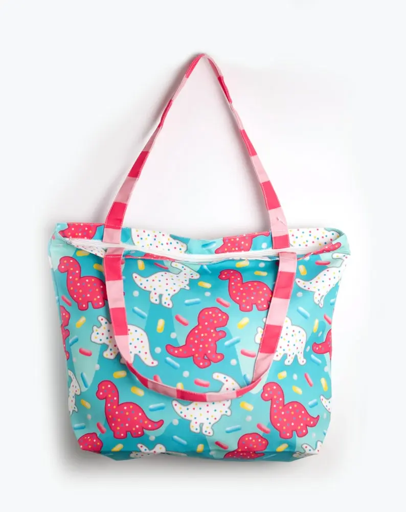 Dino Cookie Tote Bag - Kawaii Shoulder Bag Dinosaur Zippered Tote Trex Zippered Bag Cookie Shoulder Tote Shopping Bag Triceratops Tote Bag