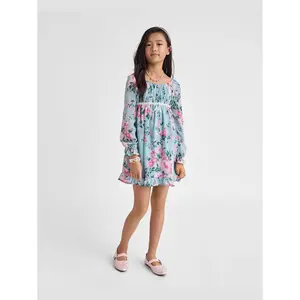 The Children's Place Girls Long Sleeve Floral Chiffon Babydoll Dress Blue M (7/8)