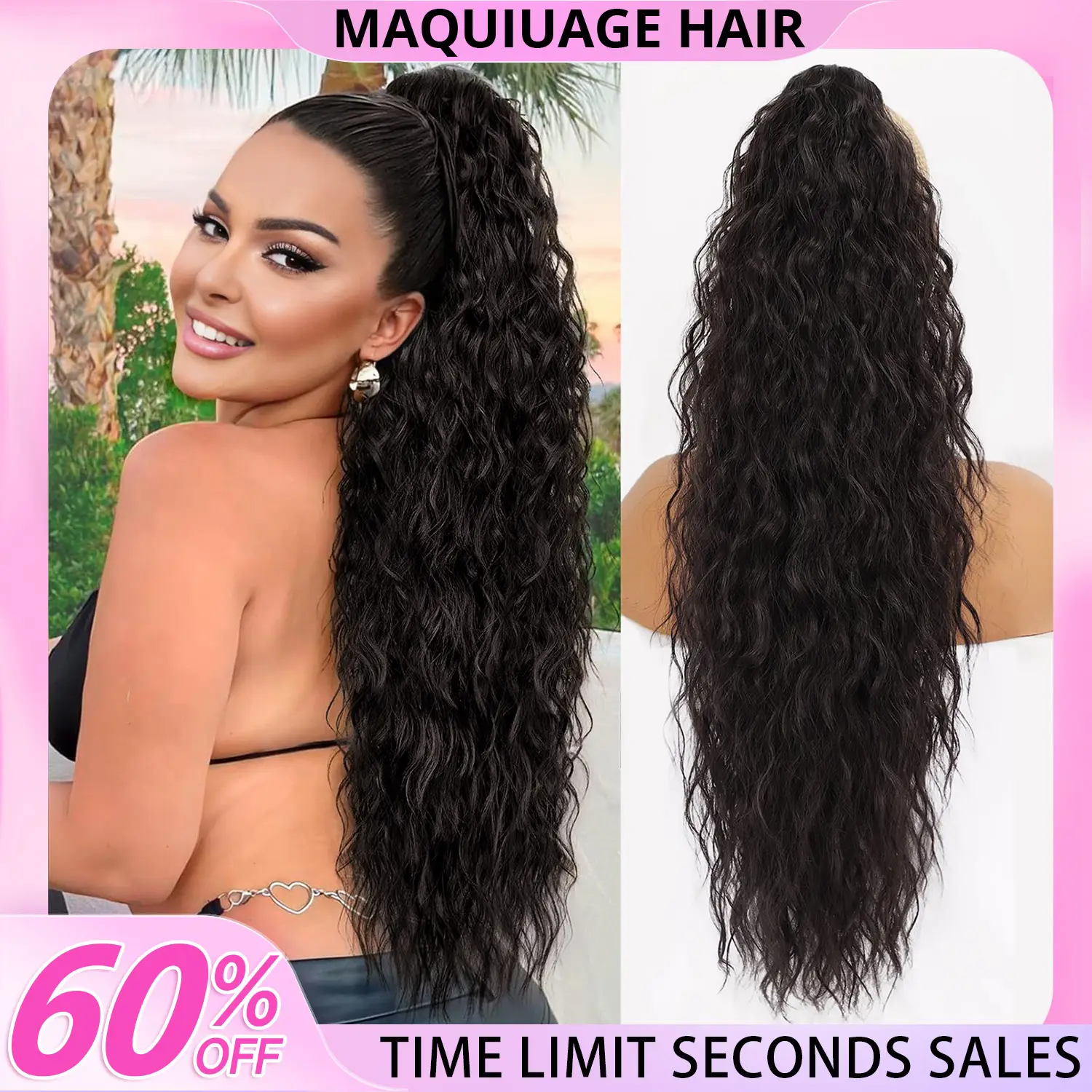 MAQUIUAGE Claw Long Wavy Ponytail Extension Black Brown Curly Pony Tail Clip in Hair Extensions for Women Fluffy Natural Looking Synthetic Hairpiece f
