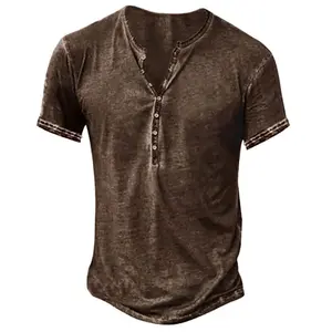 Mens Distressed Henley Shirts Front Placket Retro Long Sleeve Tee Shirts Casual Button Down Washed T-Shirts for Men