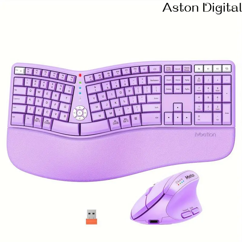 Aston Digital Durable Ergonomic Wireless Keyboard and Mouse Combo - BT/2.4G Split Ergo Keyboard with Palm Rest, 4 DPI Adjustable Wireless Mouse, Full-Size Rechargeable for Windows/Mac/Android, Purple Computer Peripherals, Durable Keyboard