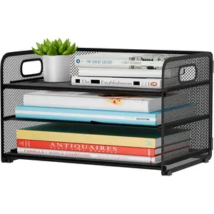 3 Tier Paper Letter Tray Organizer for Desk, Mesh File Folder Document Organizer with Handle for Home Office Supplies Desktop Accessories, Black