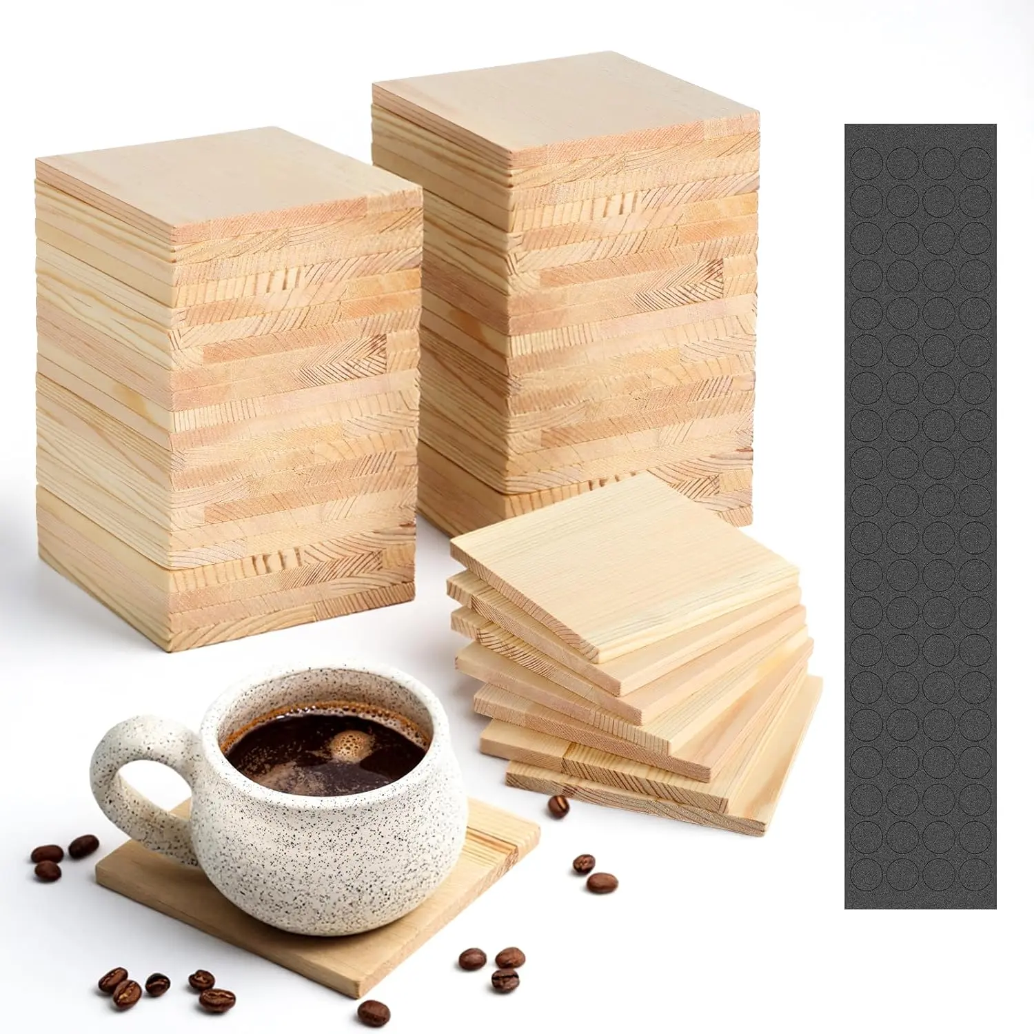 60 count Unfinished Square  Coasters, 4 Inch Blank Wooden Craft Coasters with 240 Non-Slip  Pad Stickers for DIY Stained Painting  Engraving  Decoration