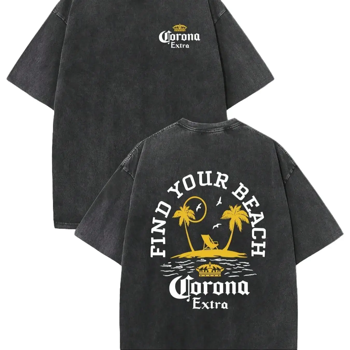Corona Extra Vintage Palm Tree Island Double-Sided Print T-Shirt, "Always Fresh" Graphic, 230g Pure Cotton Retro Washed Crew Neck Short Sleeve, Unisex Regular Fit Streetwear, Ideal Gift for Valentine's Day