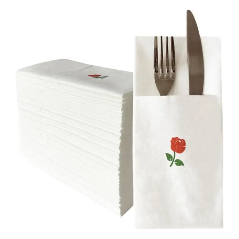 50pcs Disposable Linen-Feel Dinner Napkins with Built-in Flatware Pocket,Printed Prefolded Cloth Like Paper Napkins
