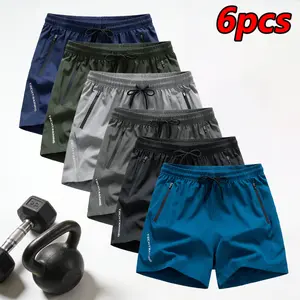 Men’s 6-Pack Athletic Casual Shorts — Ideal for Fitness, Solid Color, Breathable Quick-Dry Style with Zipper Pockets and Drawstring Waist, Suitable for Outdoor Activities and Training, Reflective Strip Design