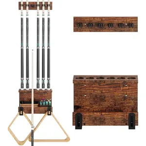 Hardwood Wall Mount Pool Cue Holder, 6-Stick Billiards Cue Rack, Pool Stick Wall Mount Storage Organizer, Pool Table Accessories for Game Room Decor, Brown