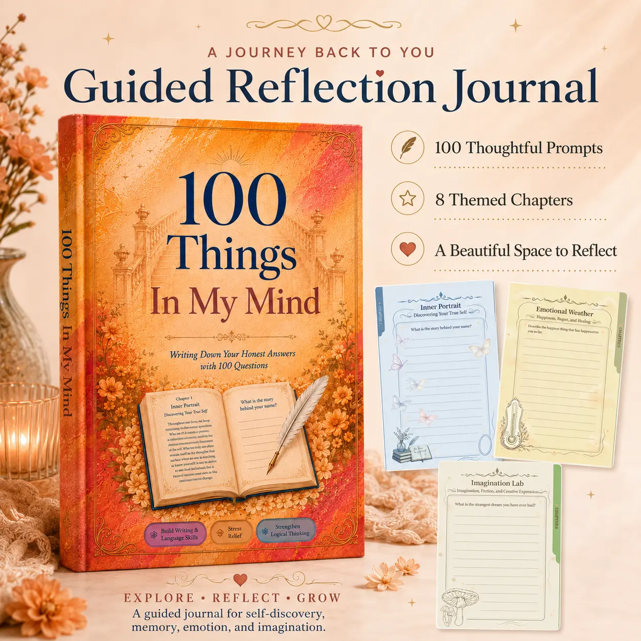 100 Things in My Mind Guided Journal for Women, 100 Thought-Provoking Questions for Self Discovery, Self Reflection, Mindfulness, Personal Growth, Emotional Wellness, Memory Keeping and Creative Writing, Inspirational Gift for Women and Adults