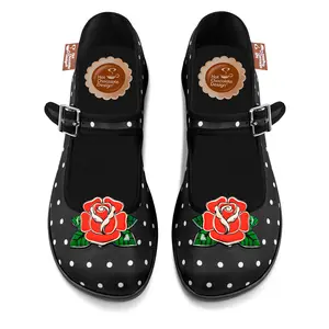 Hot Chocolate Design Rockabilly Women's Mary Jane Flat Vegan Printed Fabric Upper Soft Inner Sole Non-Marking Rubber Sole Adjustable Buckle Strap Comfortable