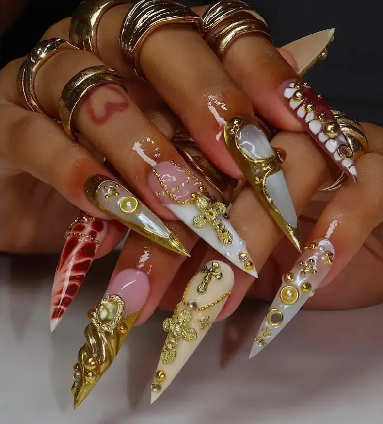 Luxury Christian Press On False Nails Set, Handmade 3D Gold Chrome Nail Art, Gif For Her On Holiday Wedding Party