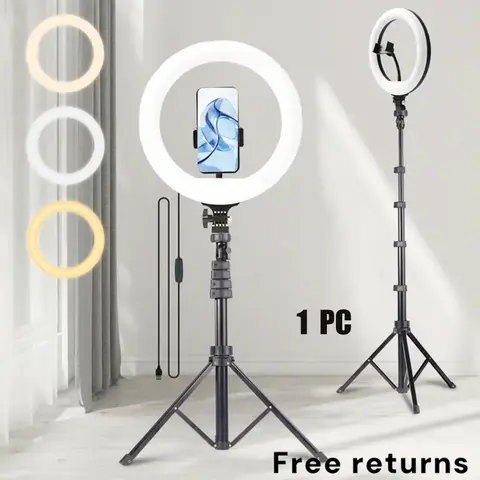 10" Adjustable LED Ring Light with Aluminum Extendable Tripod Stand, 360° Omnidirectional Flexibility Phone Mount, 180° Head Rotation, 3-Color Dimmable for Smartphone/Cellphone Selfie Video Recording, Content Creators