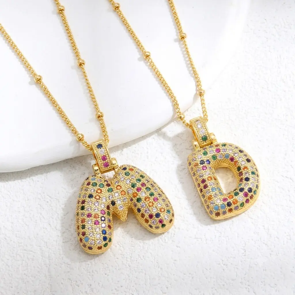Women's Gold-Plated Copper Puffy Statement Letter Necklace - 3D Letter Pendant Bubble Balloon Dainty Chunky Initial Personalized Necklace