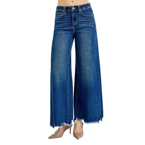 RISEN JEANS Women's High-Rise Cropped Wide-Leg Jeans - Dark Wash, Frayed Hem, Chic, Baggy Fit, Spandex-Blend, Versatile for Pairing with Crop Tops or Tees - Style PWA21239