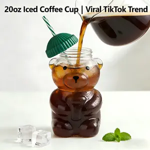 20oz Cute Bear Glass Tumbler with Straw & Lid, Aesthetic Mood Boost Iced Coffee Cup, Viral Clear Drinkware for Juice, Smoothie & Milk, Leak-Proof Summer Gift for Women